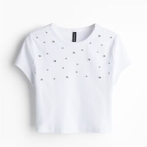 NWT Divided White Crop Top with Silver Rhinestone Accents